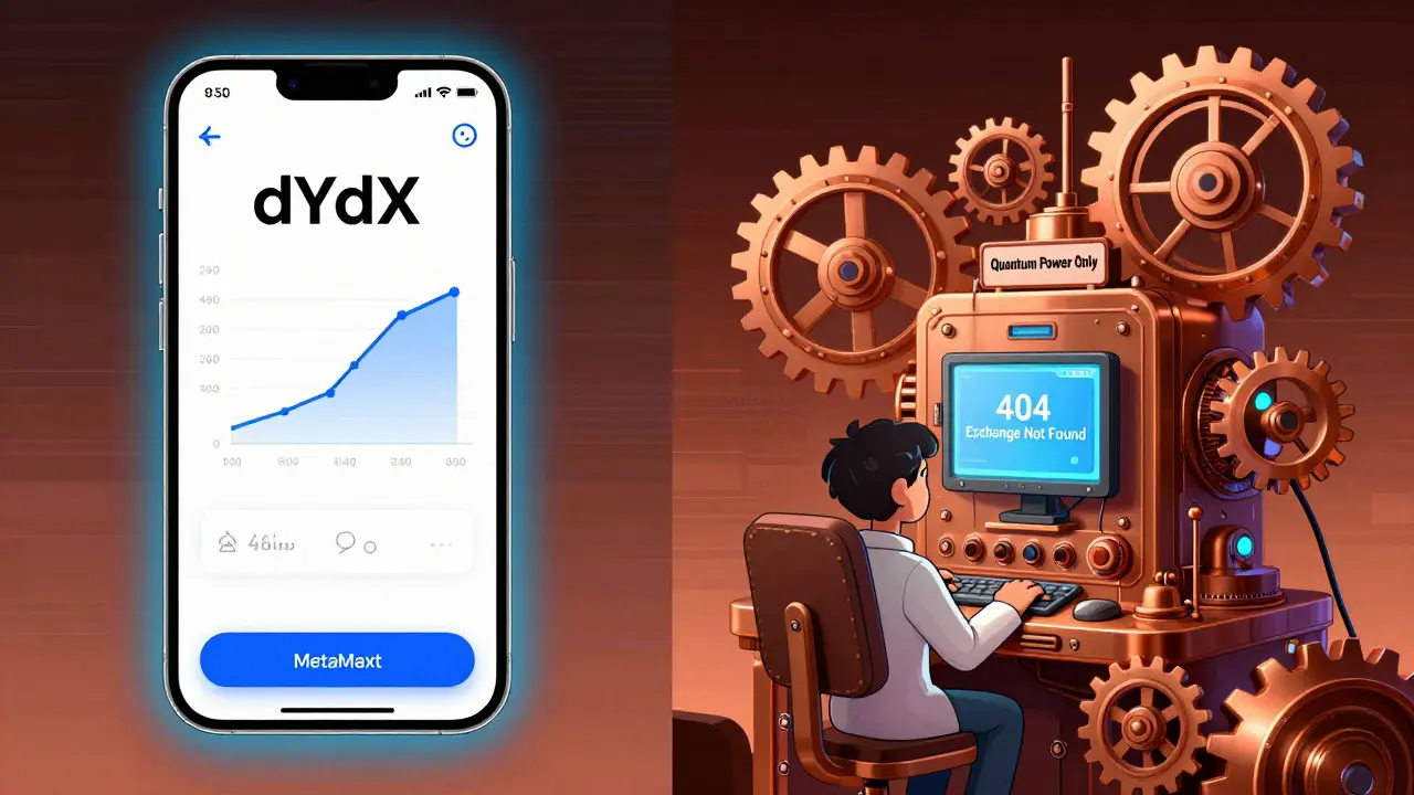 Split illustration comparing dYdX's sleek mobile app with a chaotic Dynex quantum computer labeled 'Quantum Power Only'.