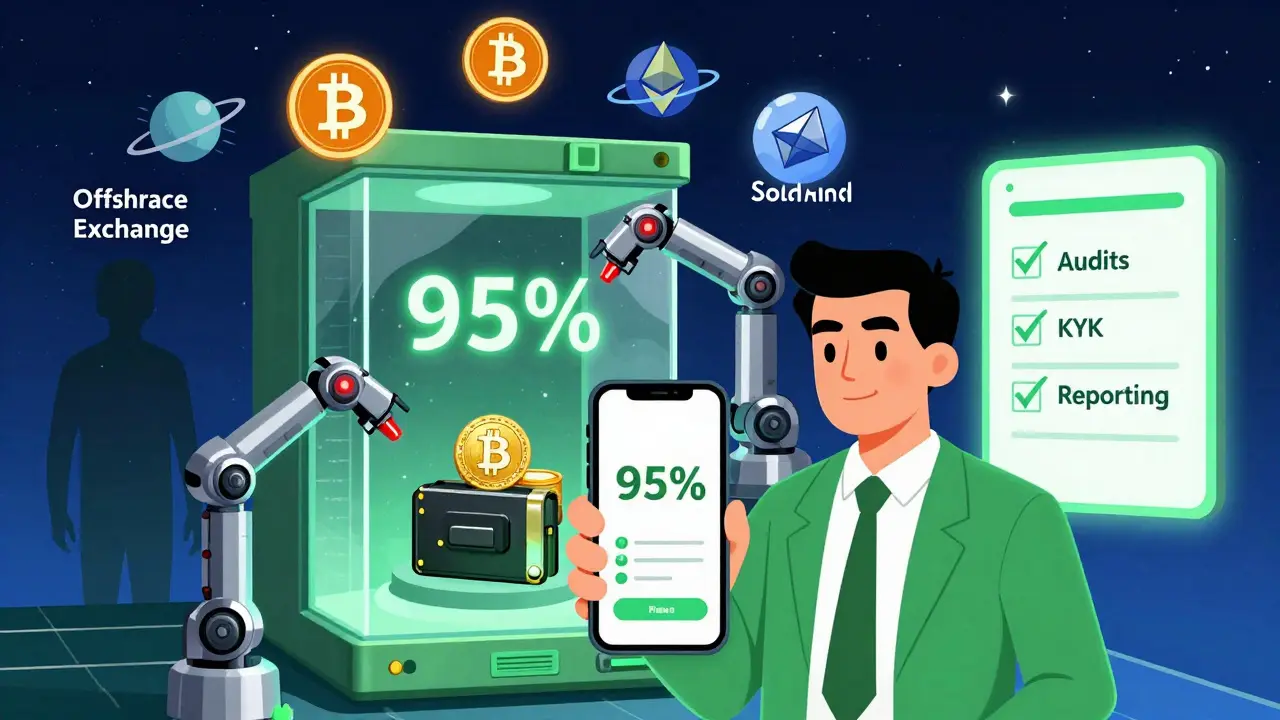 Split-panel scene: secure crypto vault with offline storage vs. dissolving offshore exchange, surrounded by orbiting coins and compliance icons.