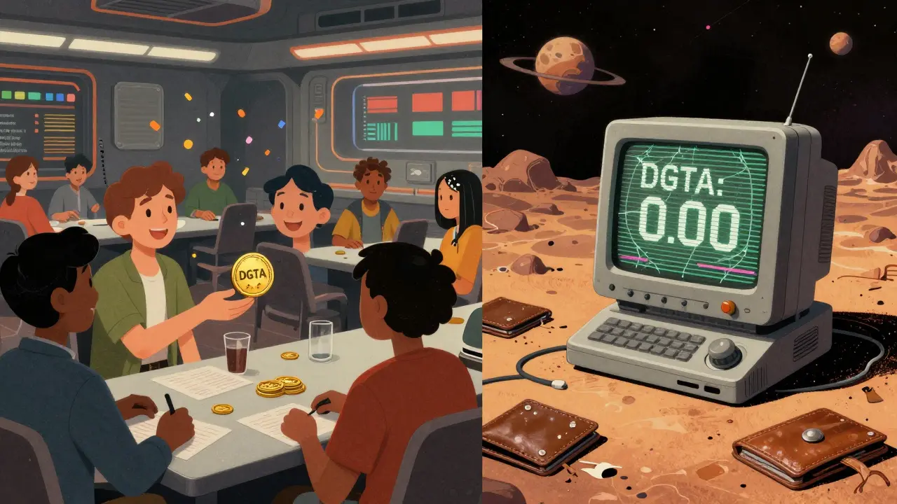 Split scene: happy traders on one side, stranded users on a barren planet with a broken DGTA screen.