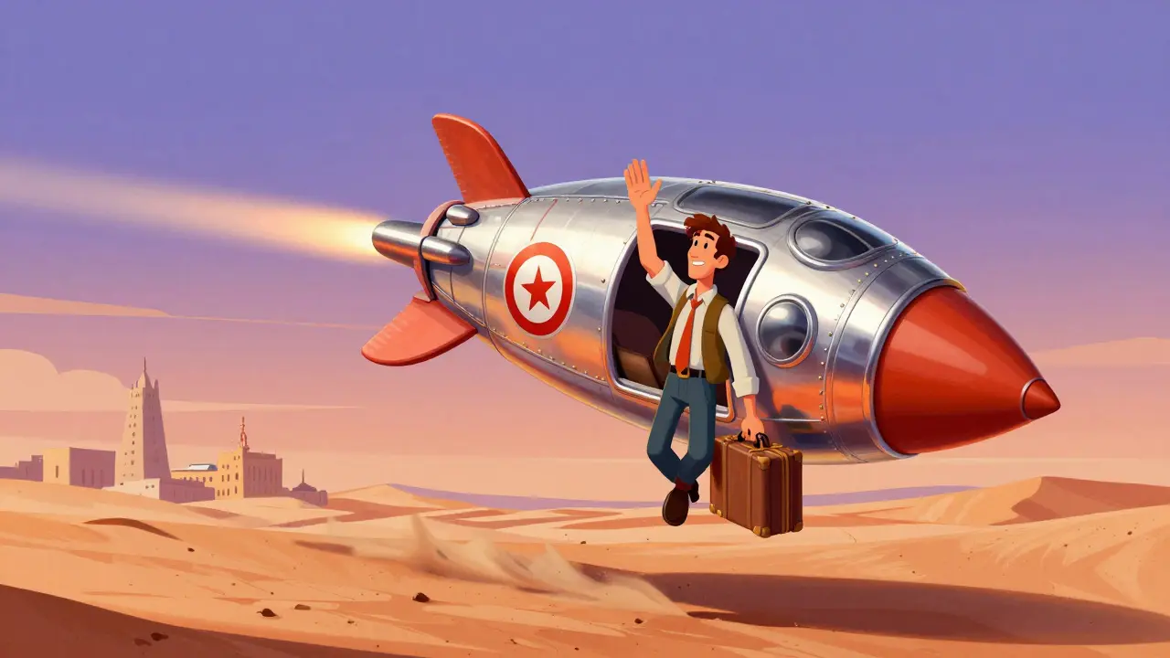 Tech entrepreneur boarding rocket departing Tunisia for crypto-friendly nation.