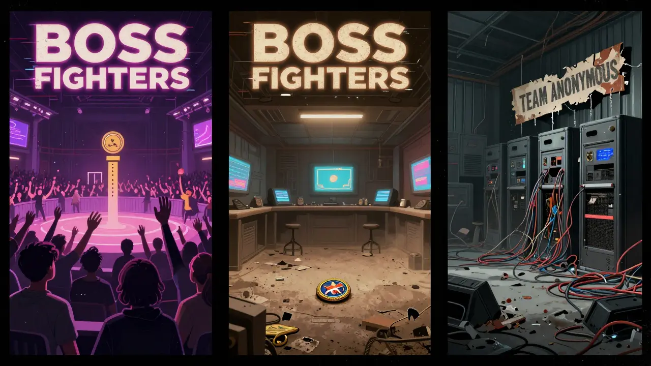 Three paths for BOSS FIGHTERS: thriving, abandoned, or collapsed, in retro-futuristic style.
