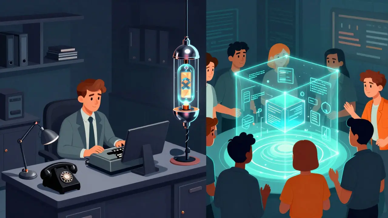 Traditional finance office contrasted with transparent blockchain community voting