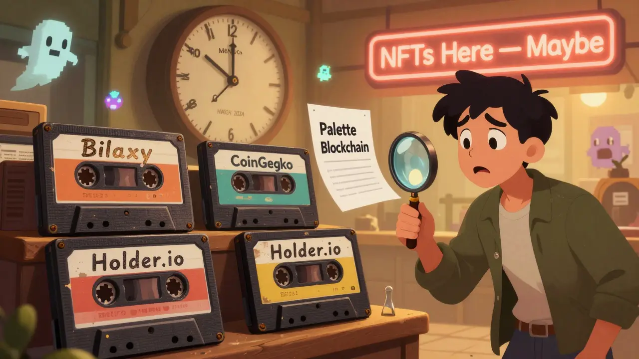 Vendors sell PLT tokens as cassette tapes with mismatched prices in a retro-futuristic marketplace under a glowing clock.