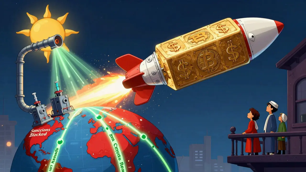 A Bitcoin block shaped like a missile launching into space, carrying dollar signs and medicine, as Iran's crypto network glows globally.