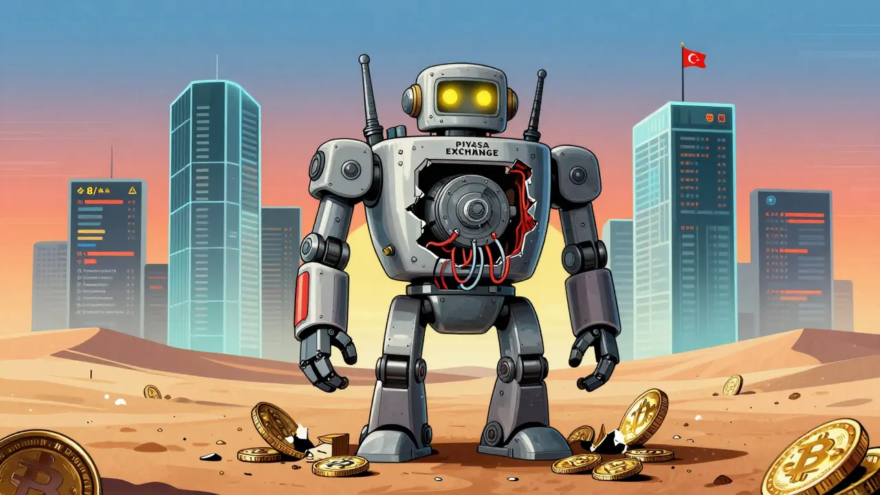 A broken robot exchange with empty vaults, standing in a desert of coins, while real exchanges shine behind it under a fading sun.
