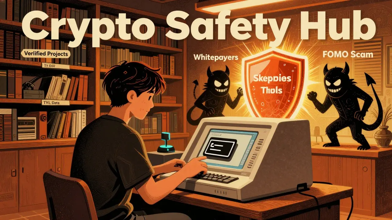 A calm user setting up a wallet in a retro library while scam demons are banished by a shield labeled 'Skepticism'.