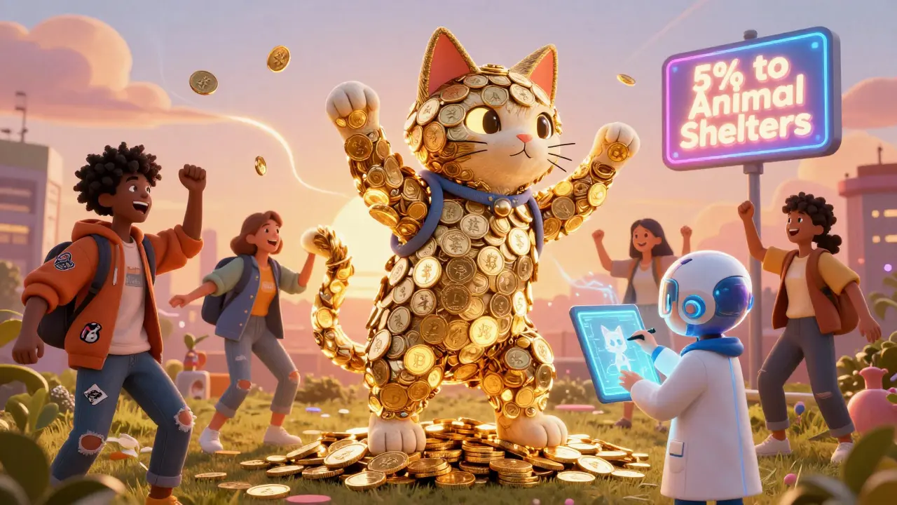A diverse crowd dancing around a coin-made spinning cat statue, wearing meme merch under a glowing sign for animal shelters.