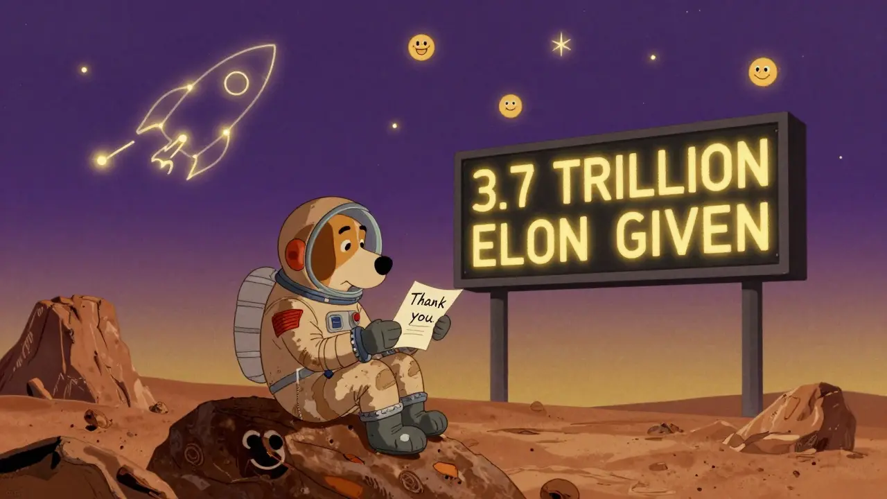 A dog on Mars reads a thank-you note as a scoreboard tracks trillions of tokens given to scam victims.