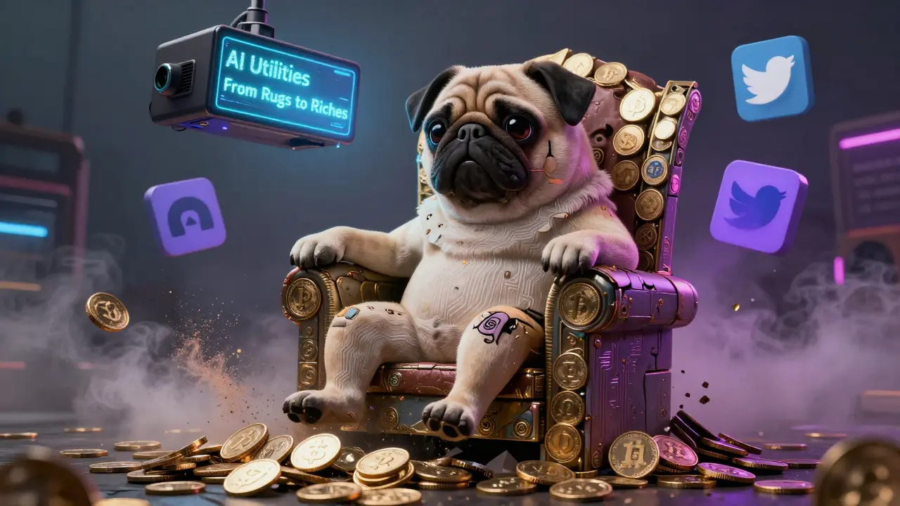 A faded cartoon pug sits on a crumbling throne of PUGAI tokens, with ghostly AI slogans flickering above in a neon sky.