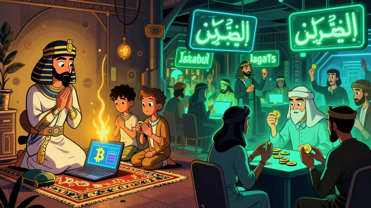 A family burning a crypto laptop while others trade digital coins in vibrant global markets.