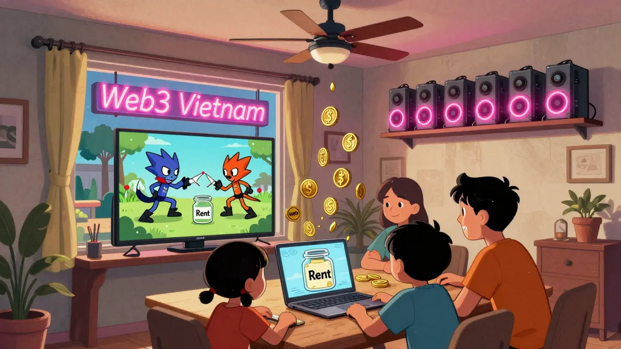 A family counts digital USDT coins from a blockchain game into a jar labeled 'Rent' in their modest home, with hidden mining rigs in the background.