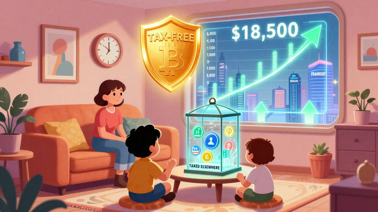 A family watches a hologram of their crypto rising in value as a tax-free shield glows above them, with DeFi icons locked away in a glass cage.