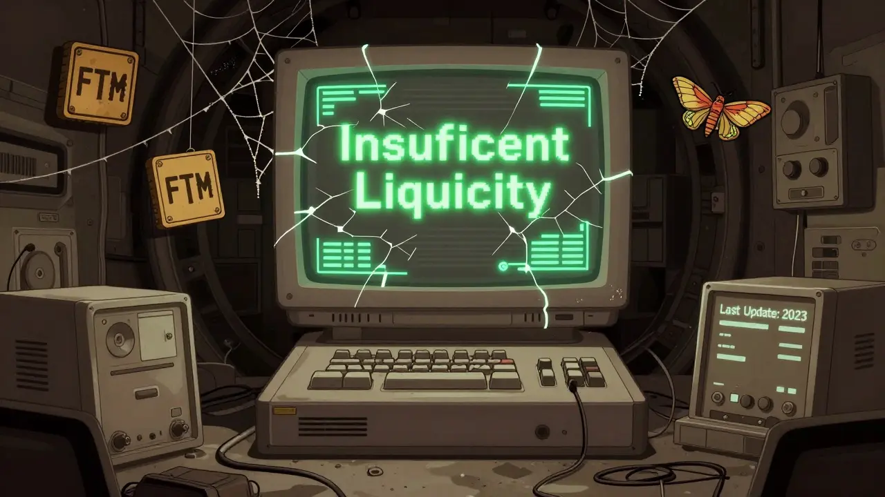 A flickering hologram showing 'Insufficient Liquidity' in a forgotten data vault filled with dead crypto tokens.