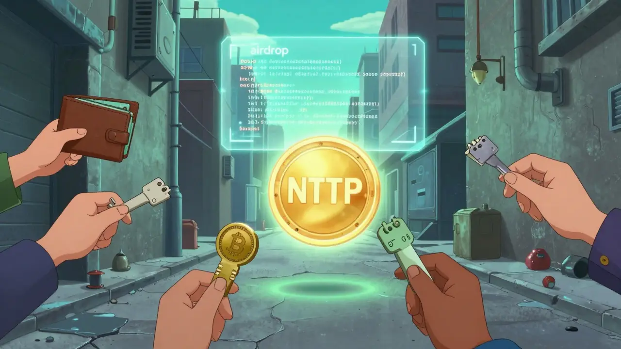 A floating NFTP token being reached for by desperate hands while a real airdrop shines above a cyberpunk city.