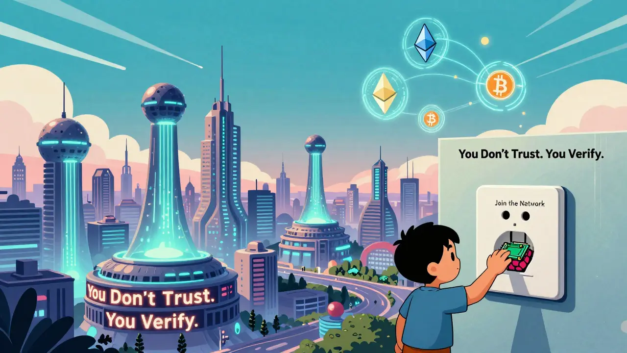 A futuristic city built from full nodes, with a child inserting a node device as holographic crypto icons orbit above, symbolizing decentralized trust.