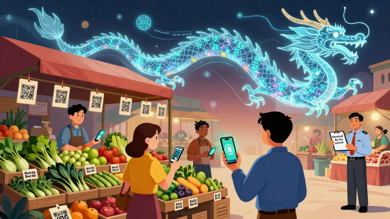 A futuristic Vietnamese marketplace where people pay for goods with crypto wallets, under a holographic blockchain dragon displaying transaction data.