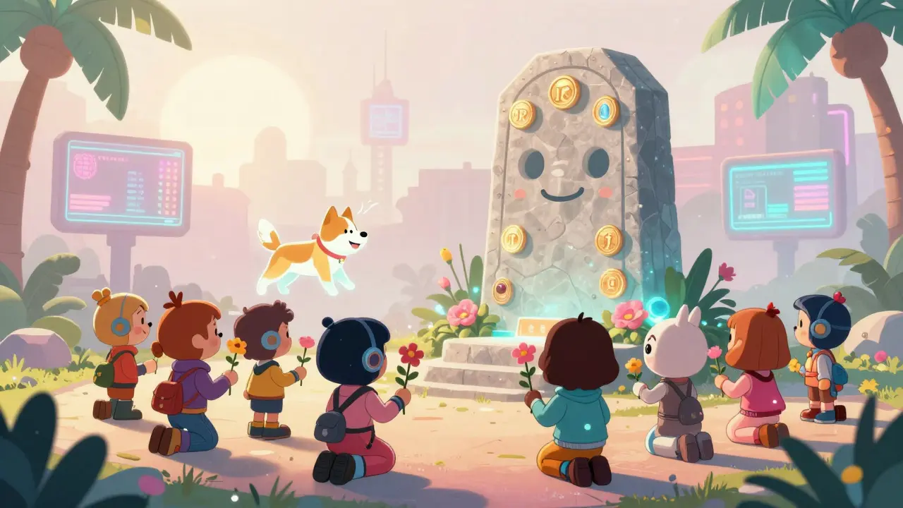 A glowing memorial shrine to Kabosu with IRO tokens embedded as jewels, surrounded by cyberpunk characters paying tribute.