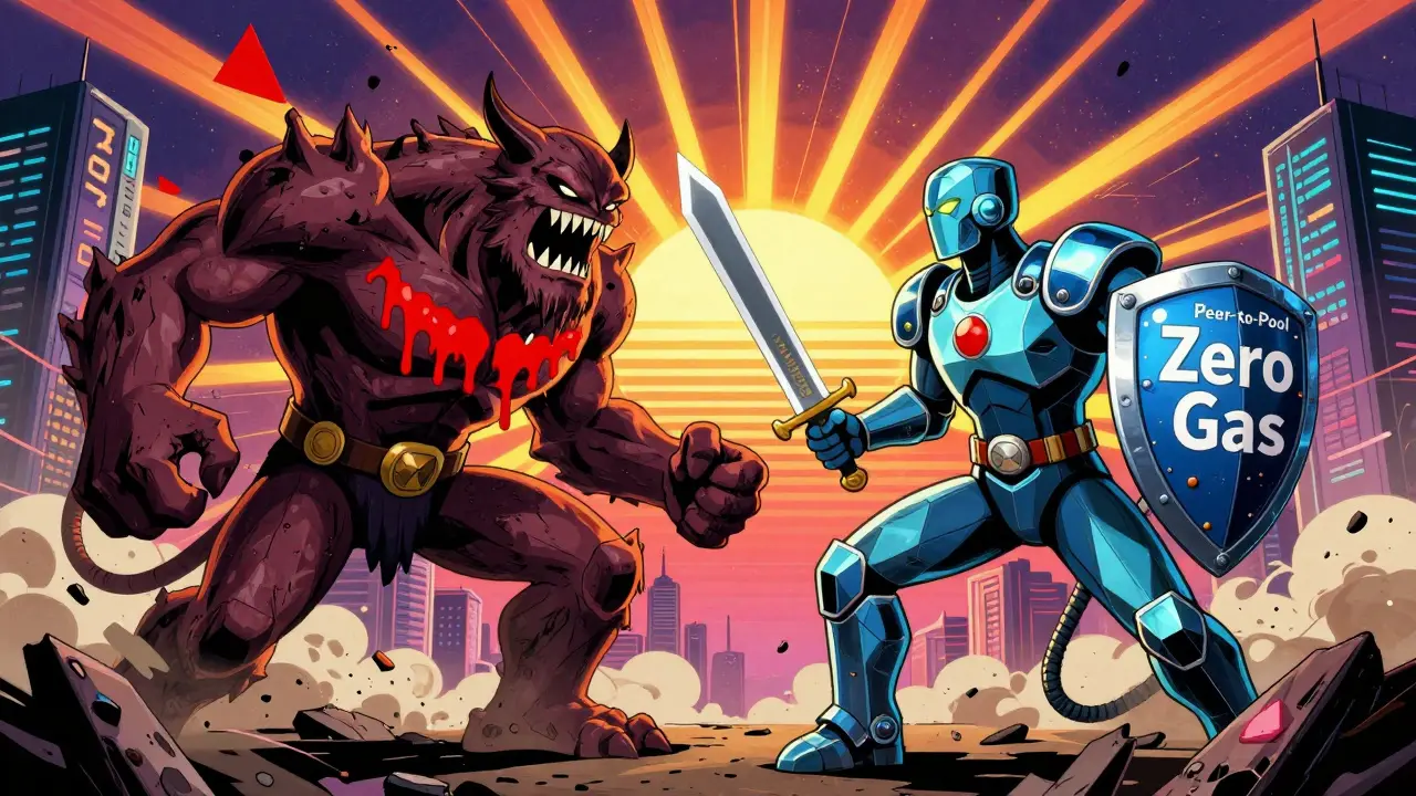 A heroic warrior battling a slippage monster in a cyberpunk landscape under a rising sun of leverage rays.