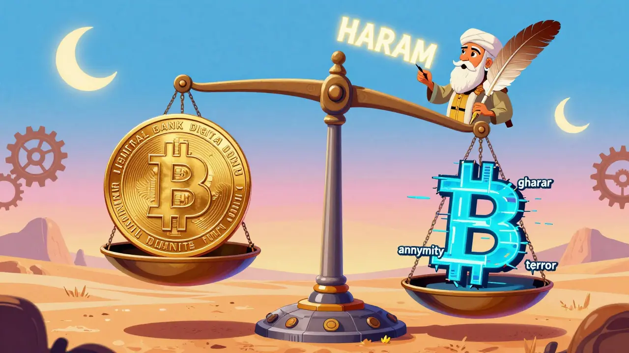 A mechanical scale weighing a CBDC coin against a chained Bitcoin, under glowing Arabic script.