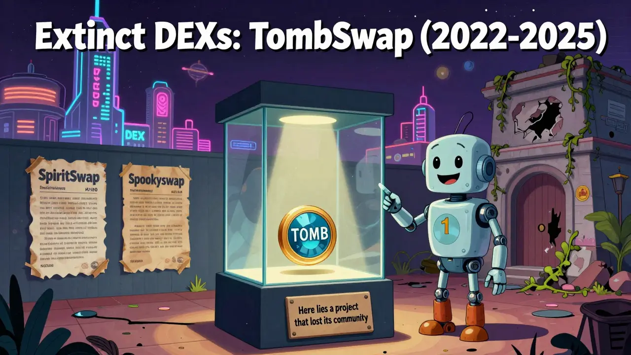 A museum exhibit displaying a single TOMB token as a relic, with signs of active DEXs in the background.