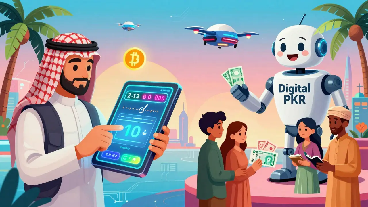 A remittance hub showing crypto transfers from Saudi Arabia to Pakistan, with Digital PKR digital wallets replacing cash for families.