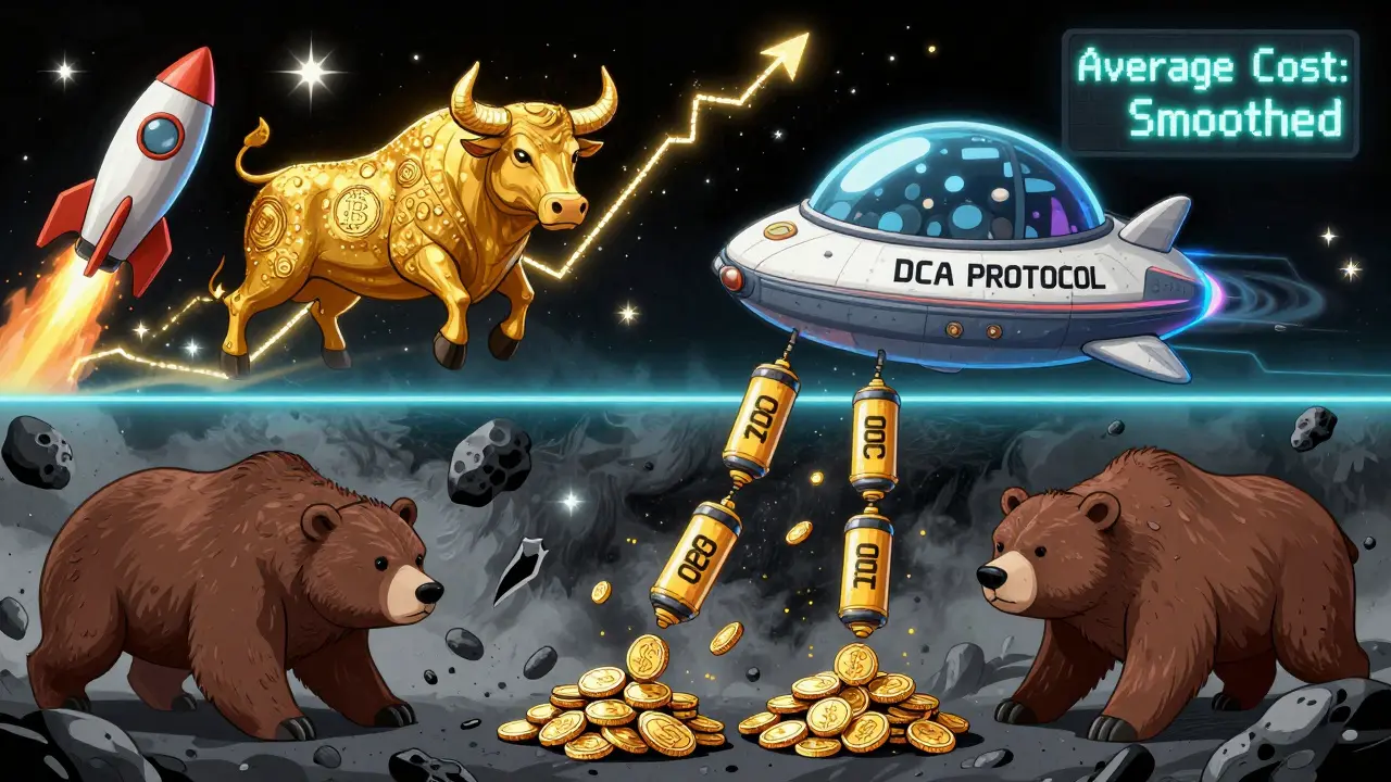 A retro-futuristic spaceship drops fixed investments through bull and bear market timelines, accumulating coins with each pulse.