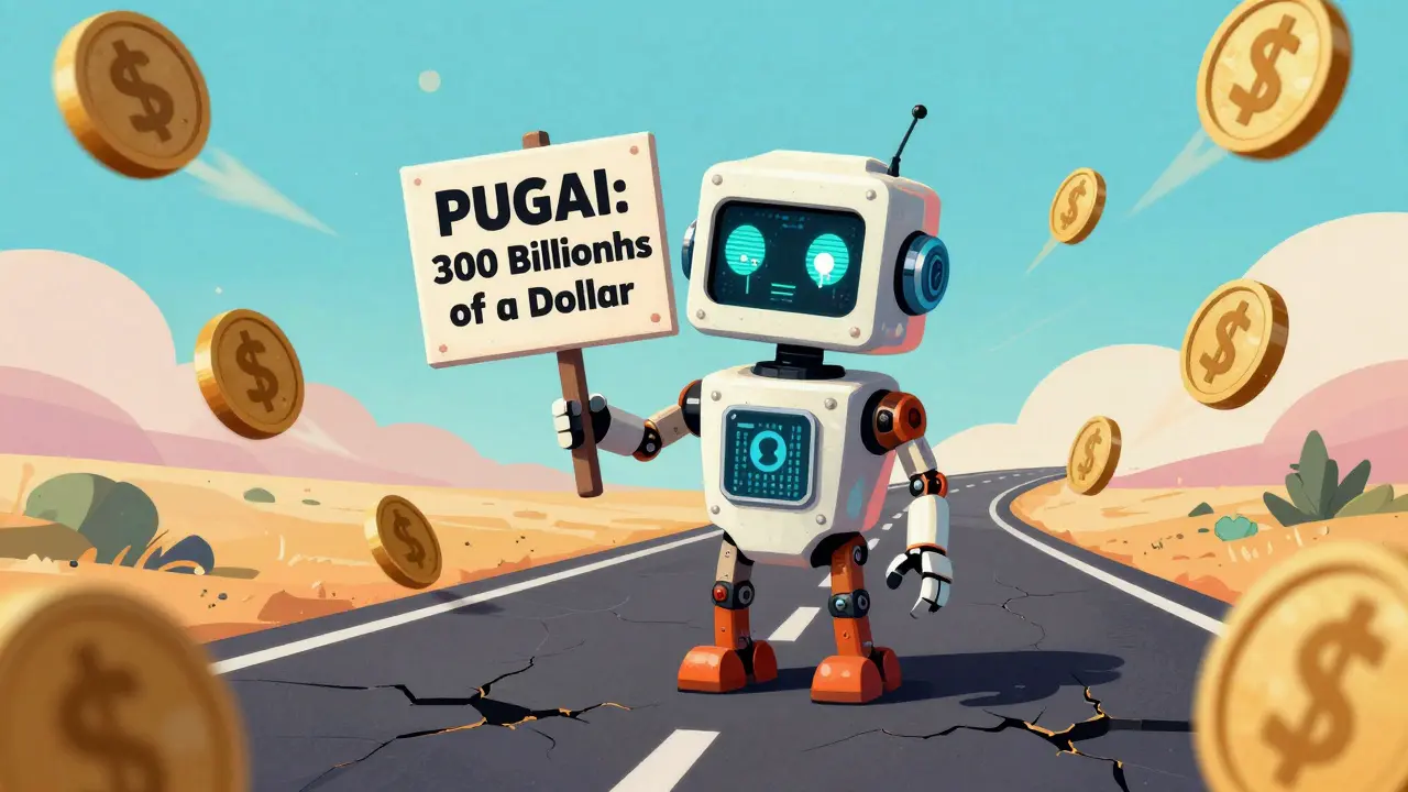A small robot holds a sign showing PUGAI's minuscule value while other crypto tokens race past on a blockchain highway.