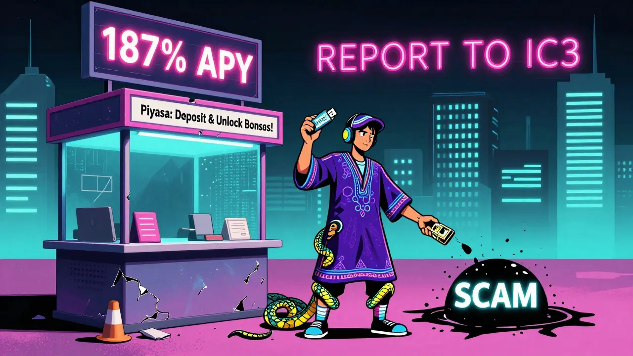 A traveler at a crumbling crypto booth, being pulled into a black hole by digital serpents, with a flickering billboard warning of scams.