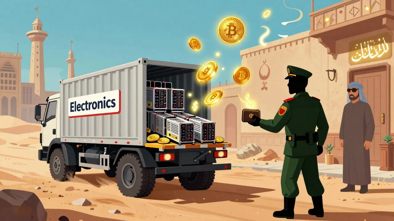 A truck smuggling mining rigs across a border, with a masked broker receiving Bitcoin from an IRGC official.