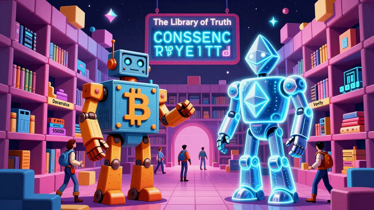 A whimsical blockchain library with two giant node figures—Bitcoin and Ethereum—standing among people verifying transactions in 1970s space gear.