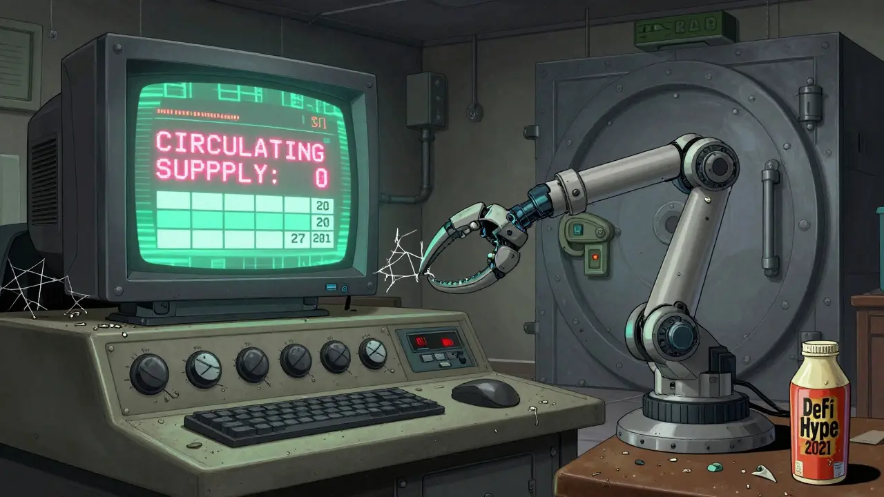 An abandoned 1980s crypto control room displays 'CIRCULATING SUPPLY: 0' with a frozen robotic arm reaching for locked tokens.