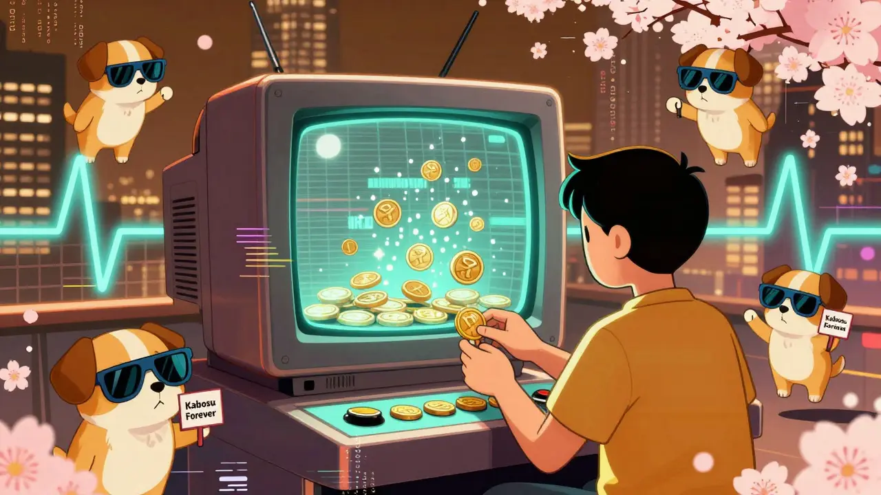 An arcade machine dispenses IRO tokens as an ETH coin is inserted, with cartoon dogs holding 'Kabosu Forever' signs.