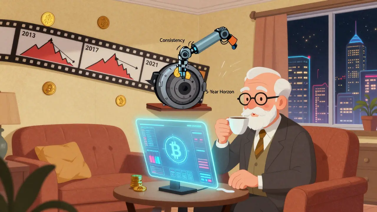 An elderly investor watches Bitcoin's historical cycles unfold on a hologram, while a robotic arm steadily adds coins to a vault.