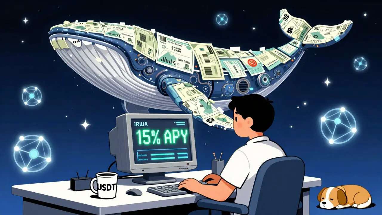 An investor watches IRWA staking stats on a retro monitor while an invoice-shaped whale swims through blockchain stars.
