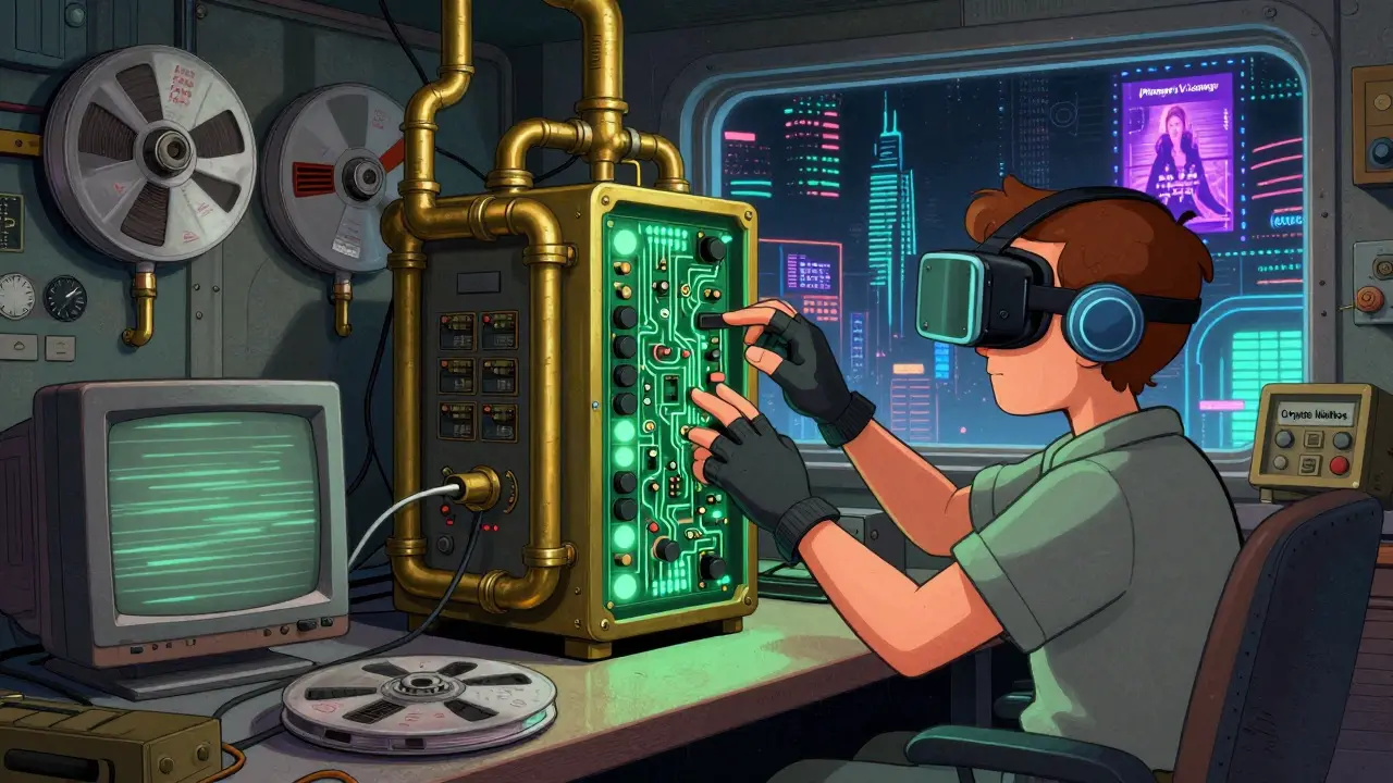 An underground workshop with analog tech and blockchain node, engineer connecting VR headset as futuristic city glows outside.