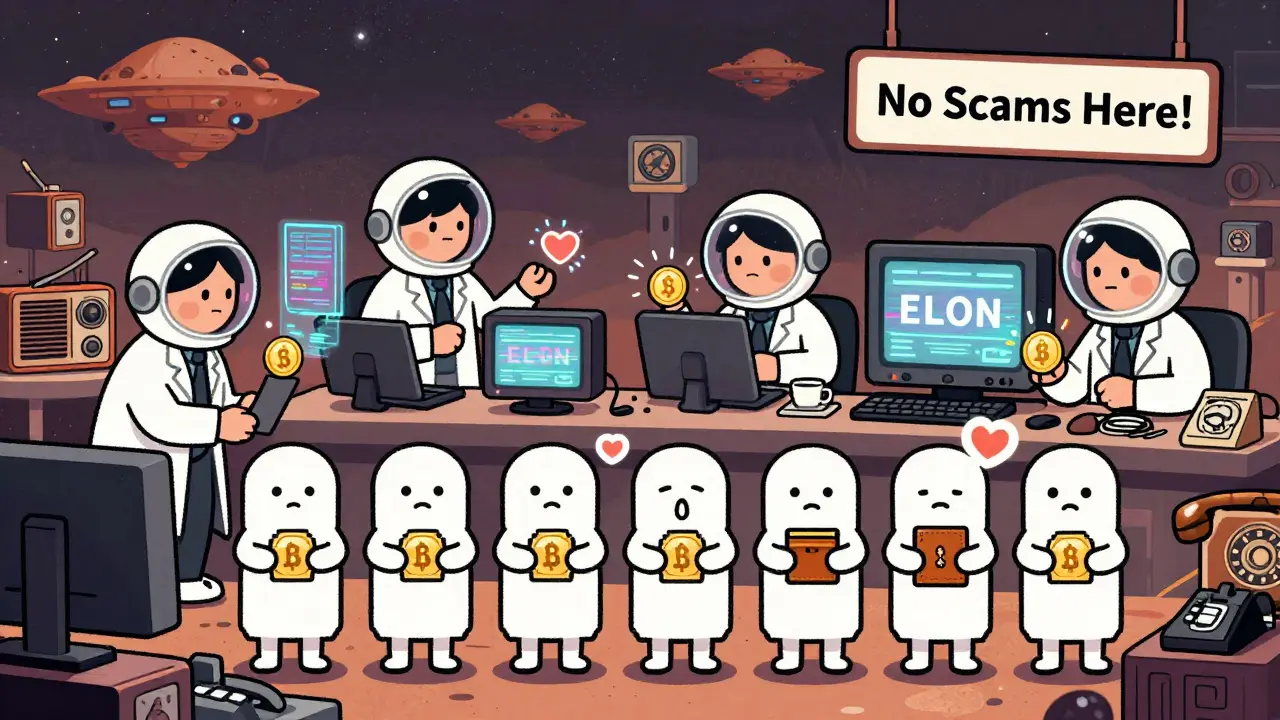 Anonymous crypto helpers in retro gear distribute glowing ELON tokens to victims with empty wallets.