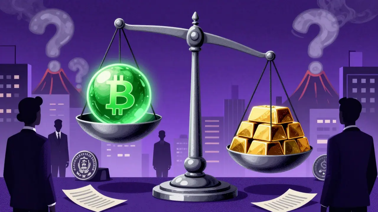 Balance scale weighing a digital coin against gold bars under clouds.