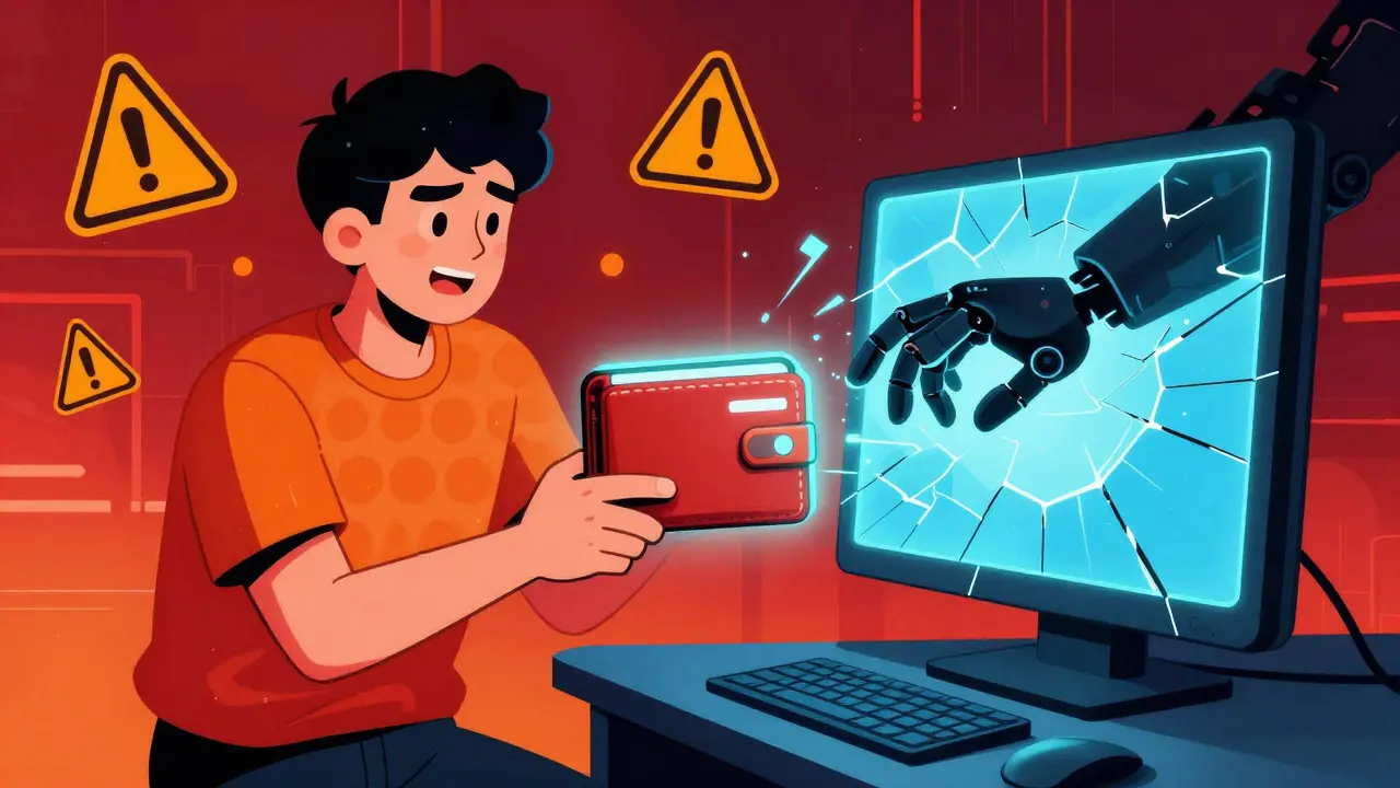 Cartoon user holding wallet while shadowy hand reaches from cracked screen.