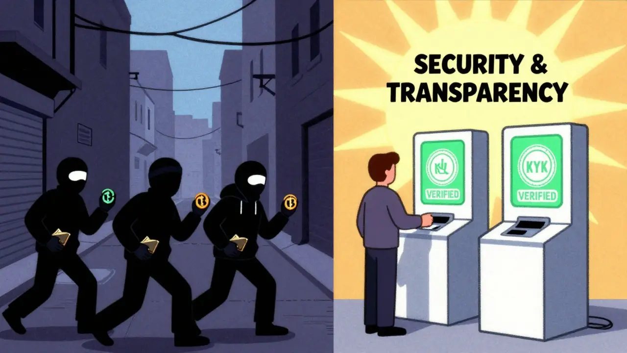 Contrast between anonymous crypto users in shadows and verified users under a bright 'Security &amp; Transparency' sunburst.