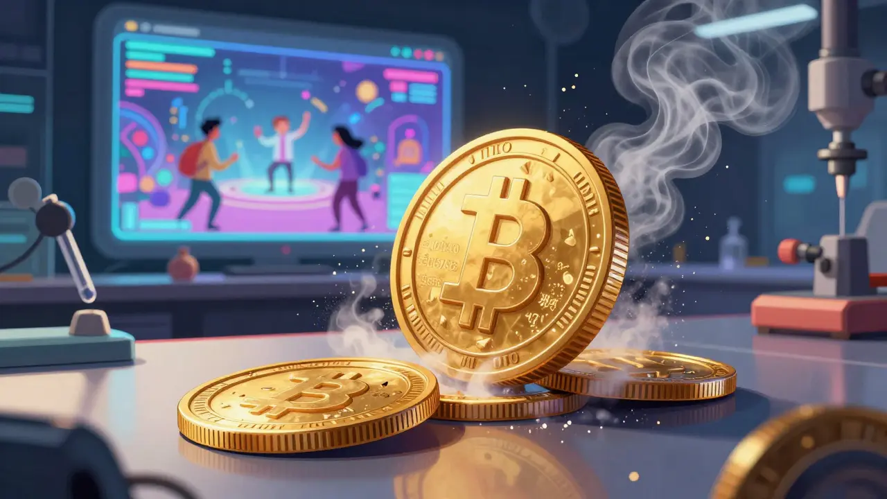 Futuristic coin crumbling into dust on a table with active metaverse in background.