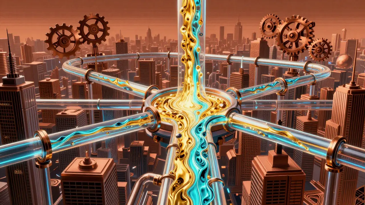 Glowing pipes merging liquids to show crypto liquidity routing