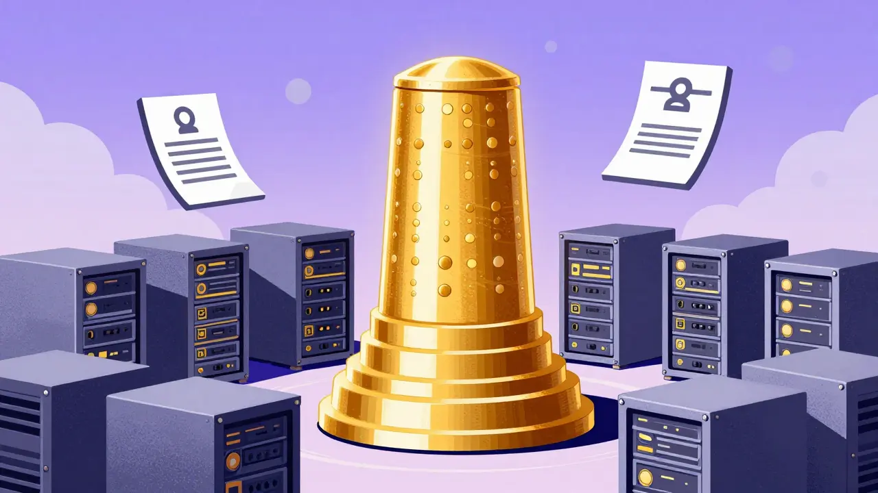 Golden beacon scanning chrome server racks under regulation symbols.