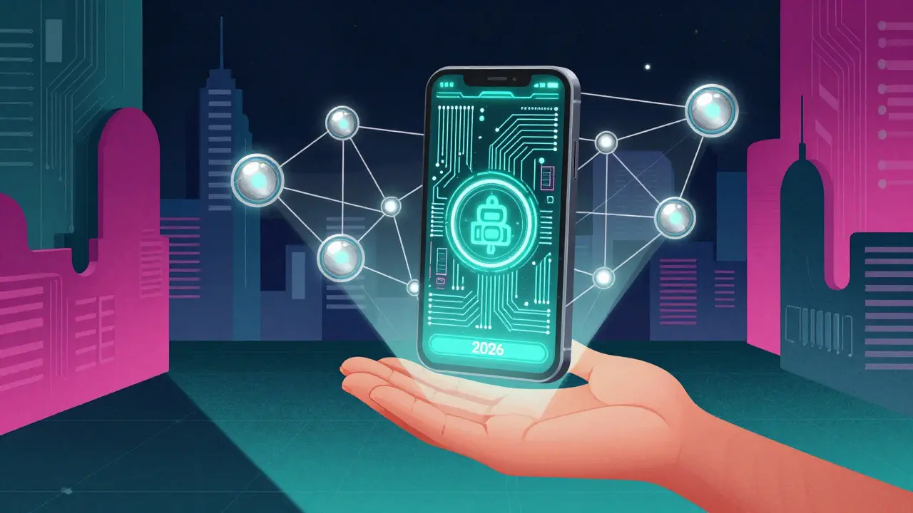 Holographic blockchain network connecting users over digital barriers.