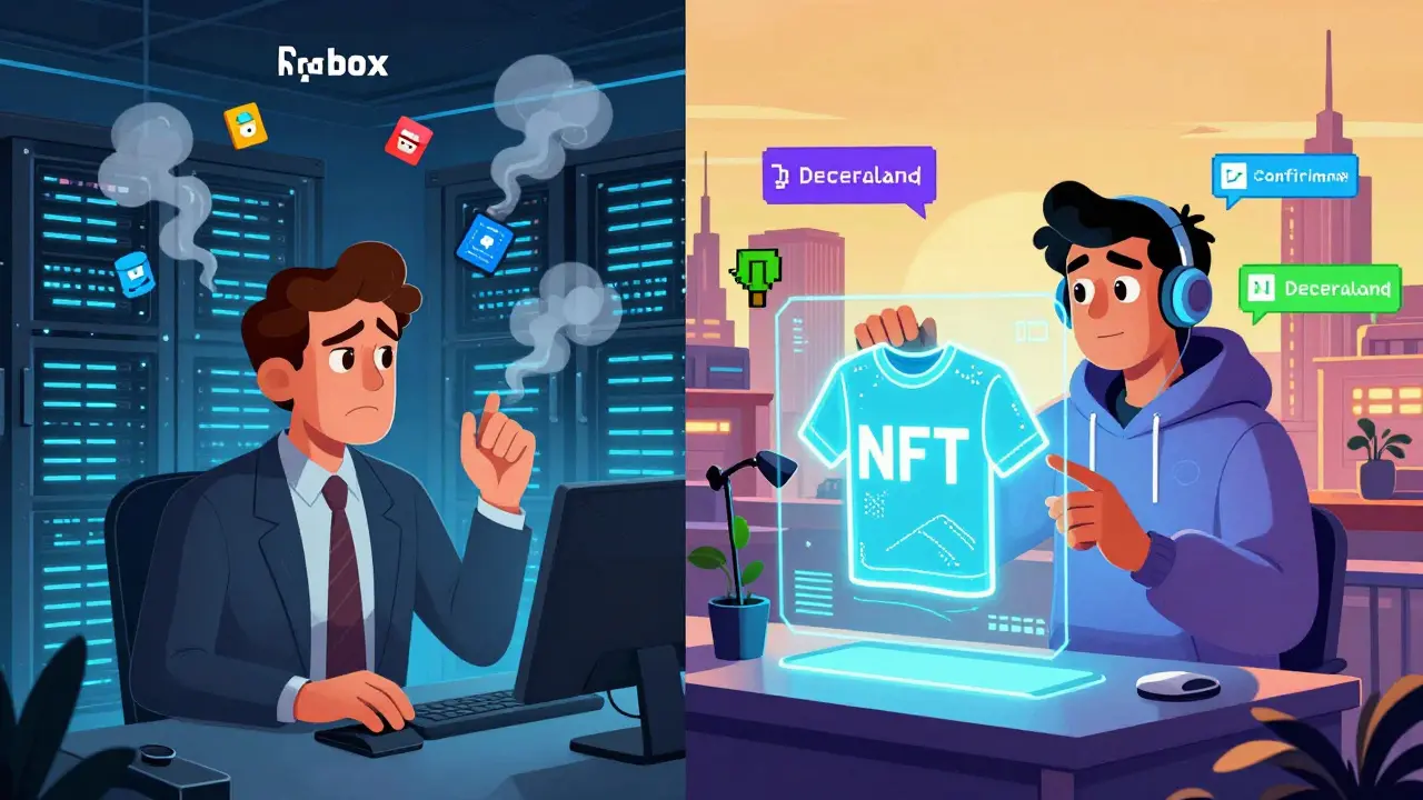 Left: corporate server room with vanishing digital items; right: creator selling an NFT shirt on a glowing marketplace with crypto logos.