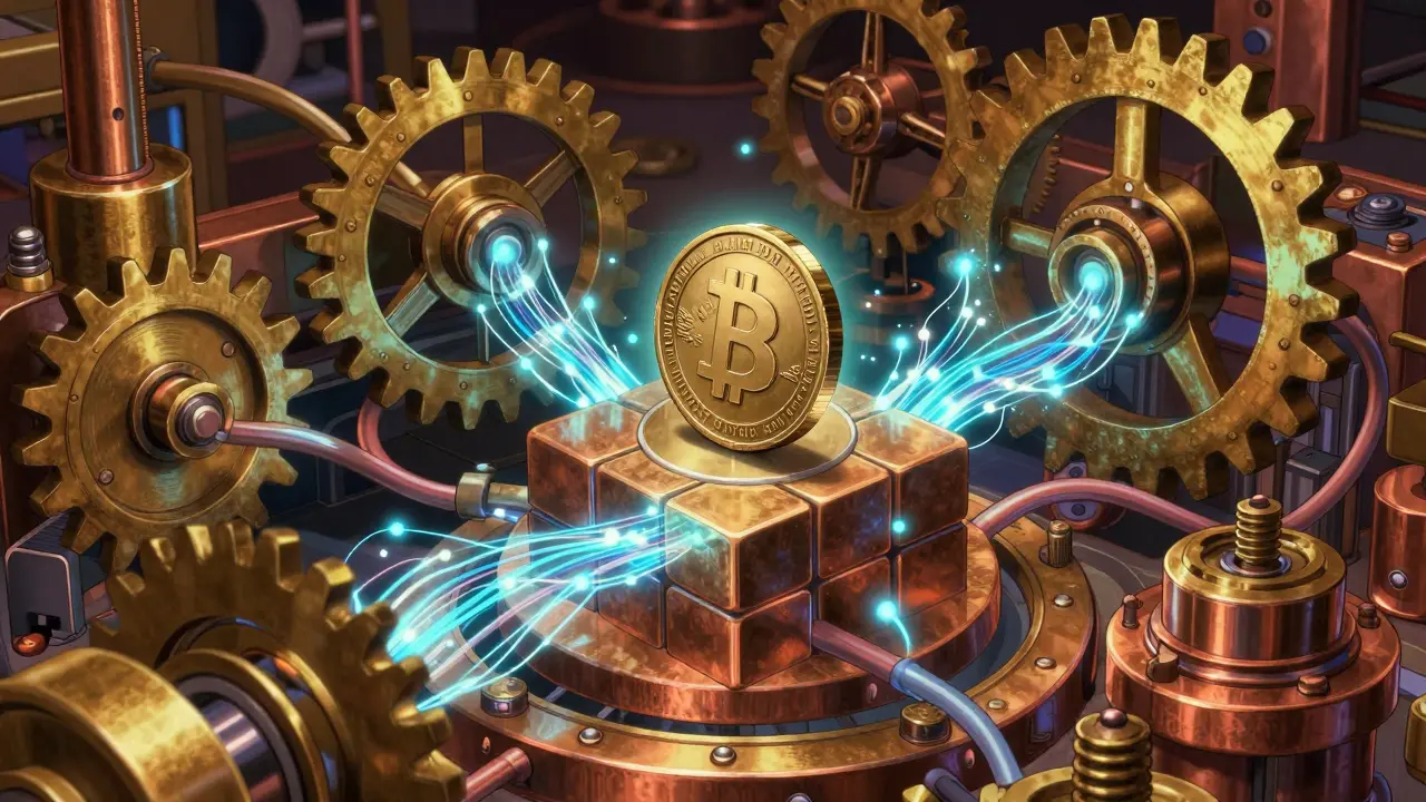 Mechanical gears and blockchain cubes representing finance protocol