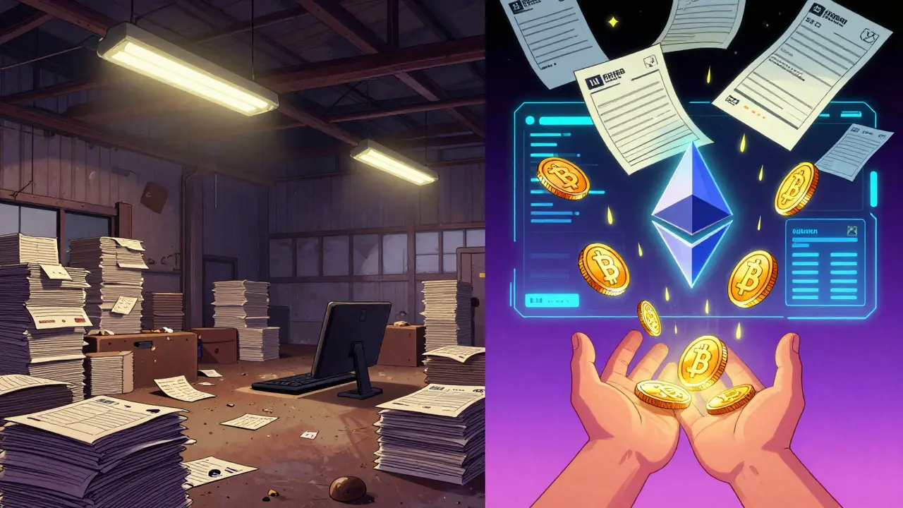 Paper invoices transform into digital tokens on a blockchain interface as USDT coins rain down on a staker’s hands.