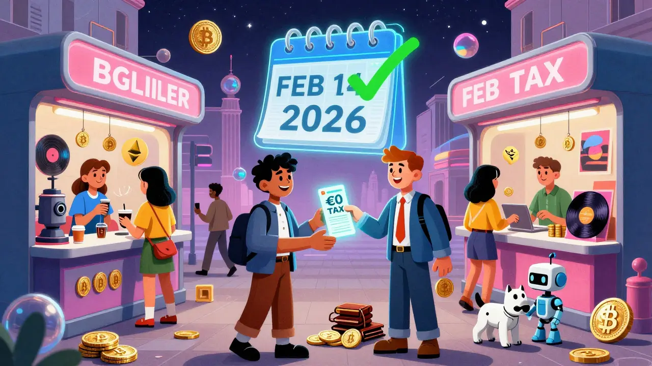 People in a retro-futuristic Berlin street spend crypto at kiosks while a holographic calendar shows a tax-free date, with a robot dog beside wallets.