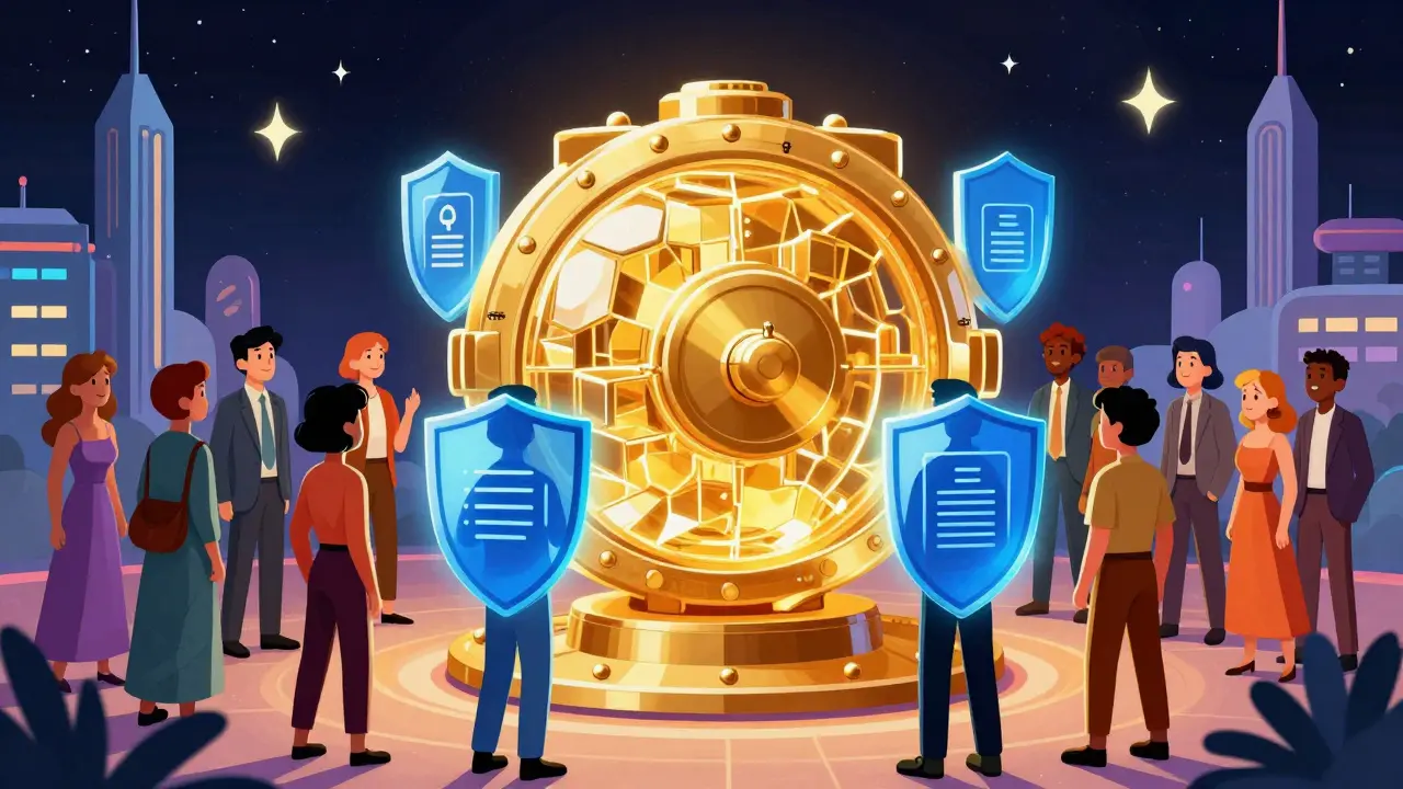 People standing near glowing crystal vault representing security