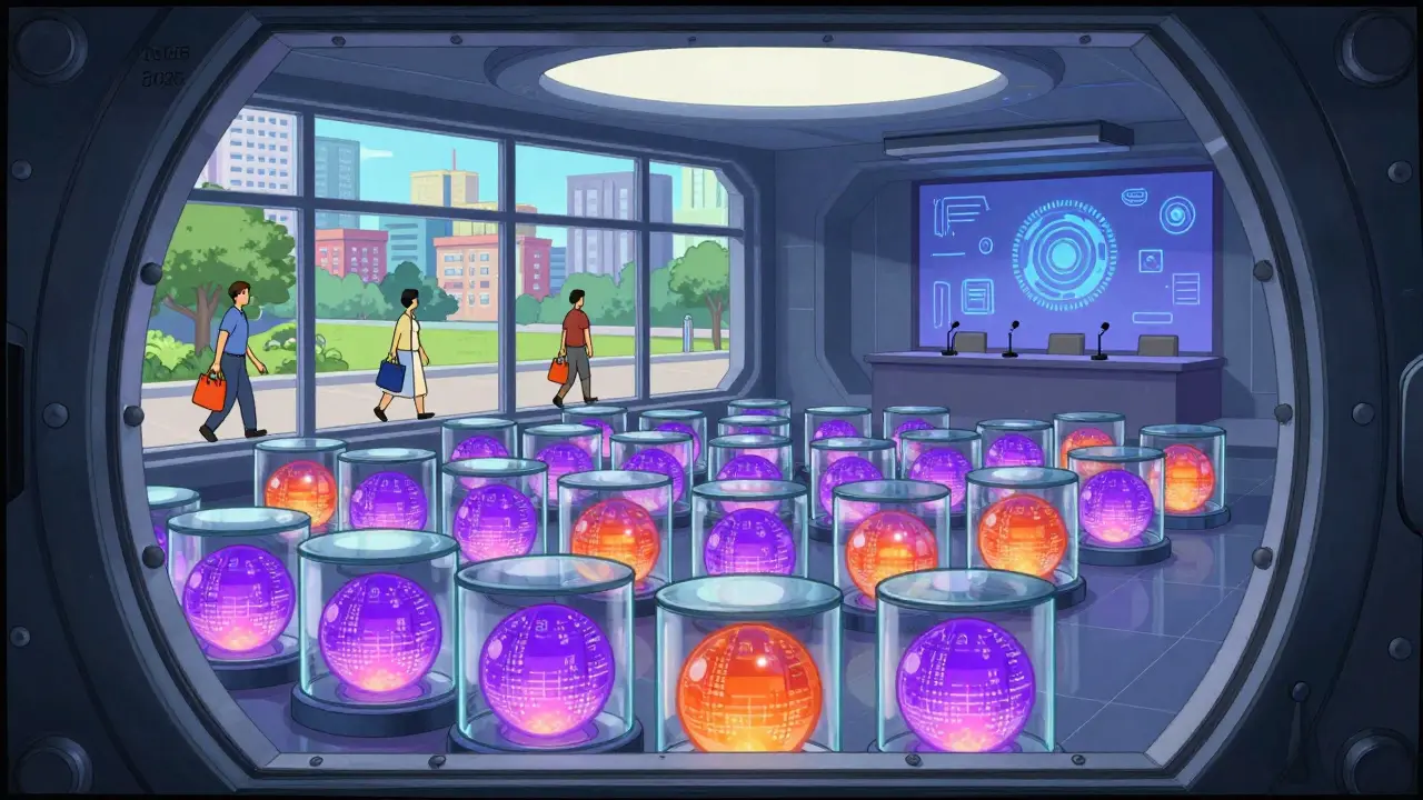 Secure vault storing glowing digital assets with a city visible outside.