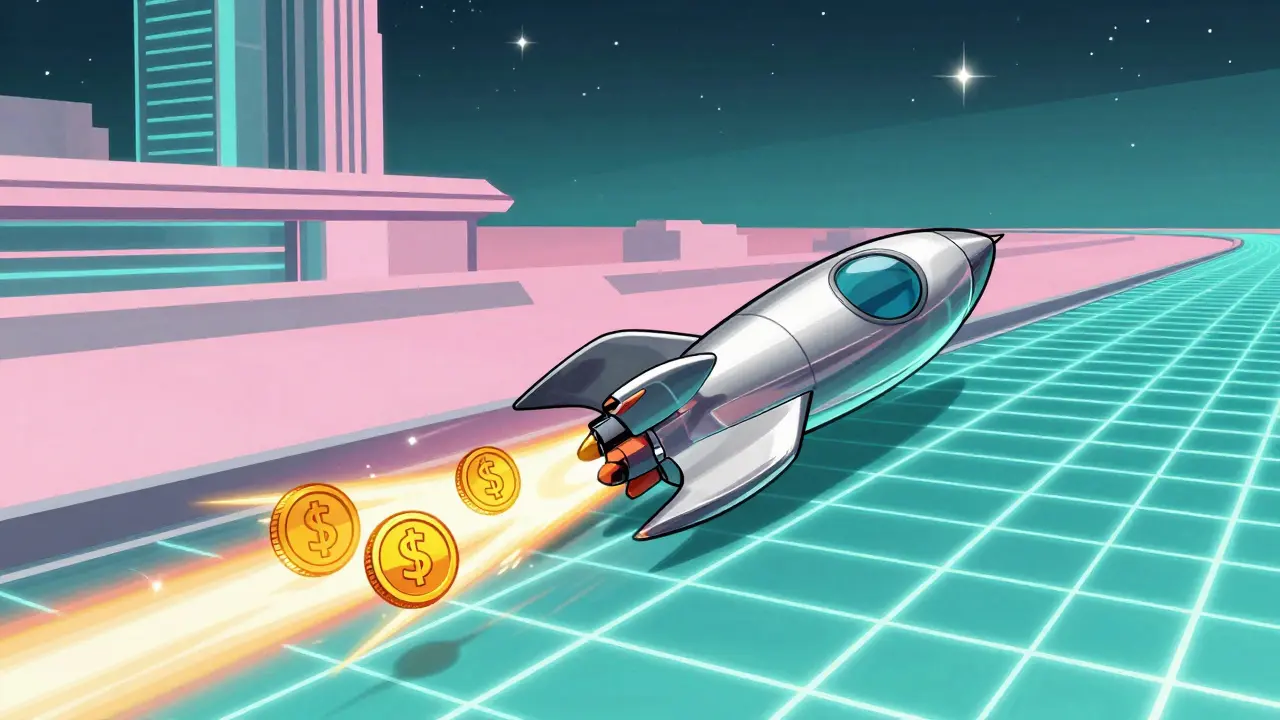 Silver rocket ship speeding along neon blockchain track